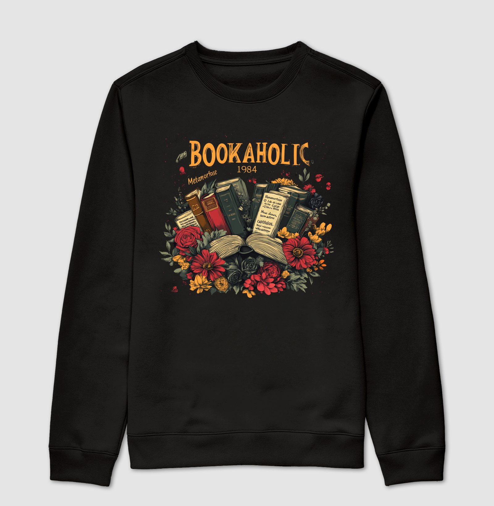 BOOKAHOLIC 1984 – CAMISETA FLORAL LITERÁRIA