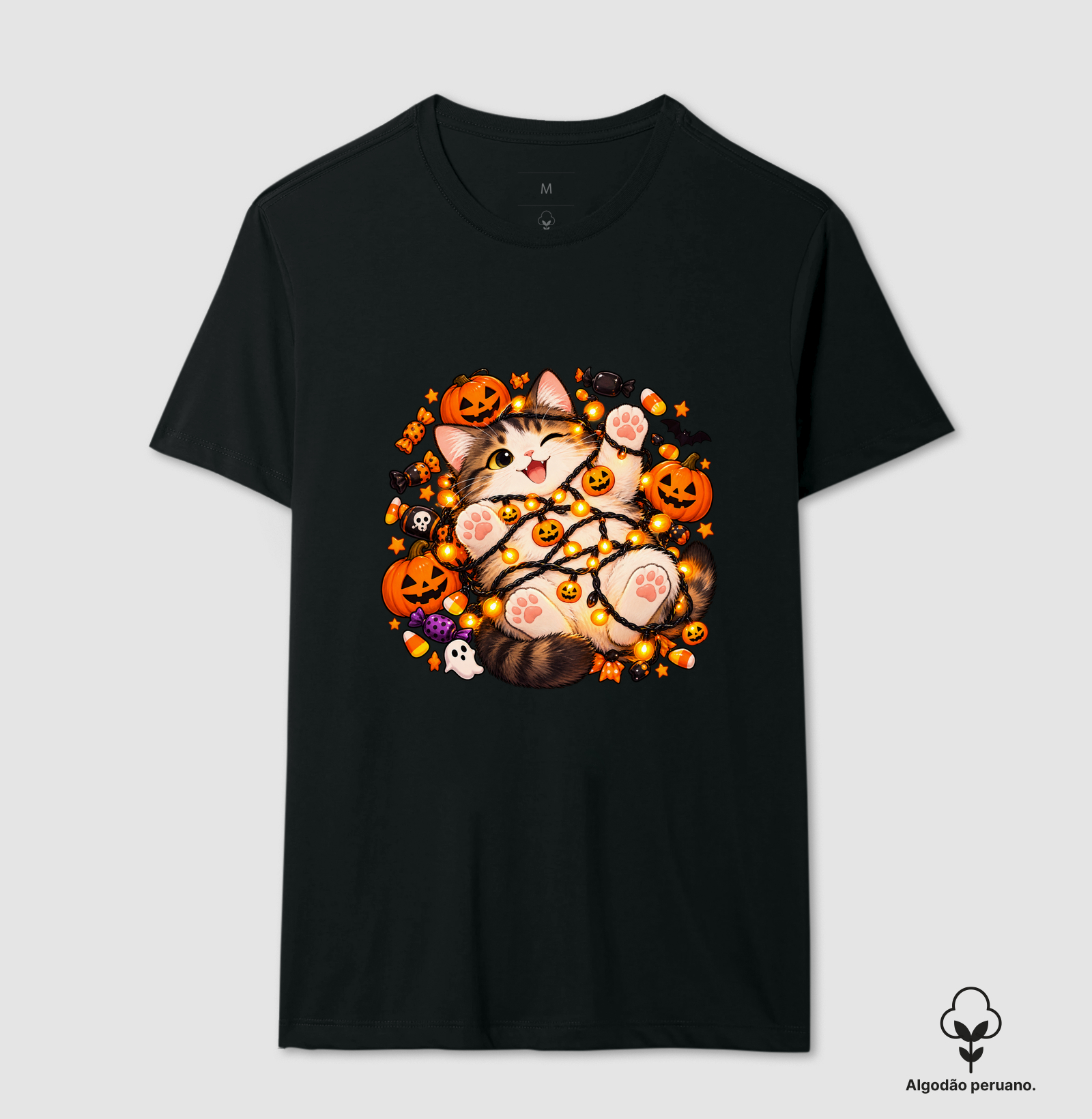 Gatoween - Enrolado na Decoração - Camiseta Algodão Peruano
