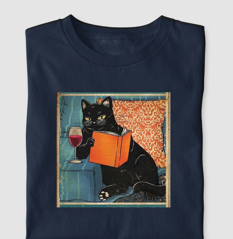 Camiseta Gatos, Vinhos e Livros