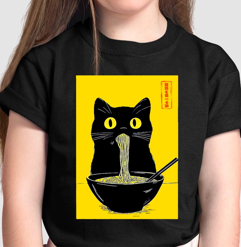 Camiseta Infantil Gato Comendo Lámen Japones