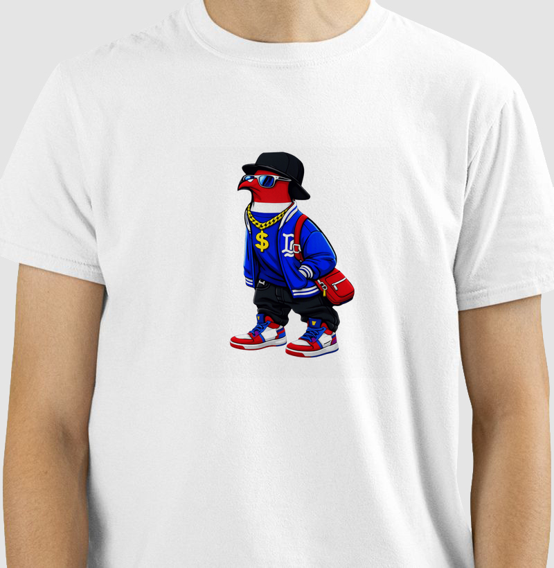 Essa arte vibrante e cheia de atitude traz um estilo com visual de rua, combinando moda hip-hop, cores marcantes e confiança total. - Camiseta