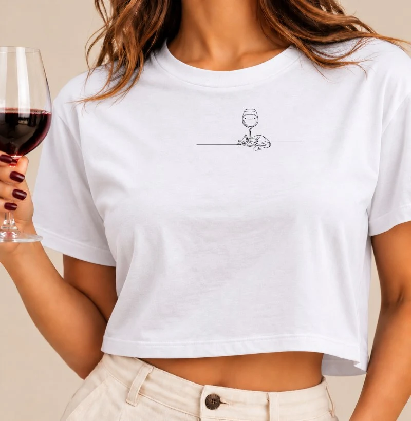 Camiseta Gato e Vinho - Cropped