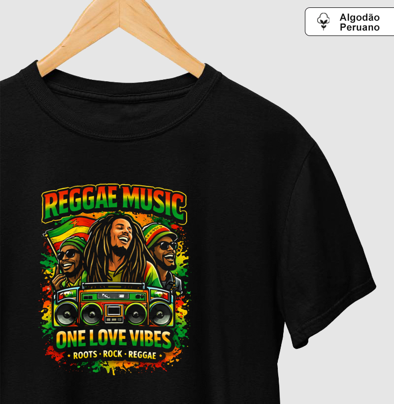 Camiseta One Love Vibes.  Coleção Reggae Music. Masculina e Feminina. Algodão Peruano.