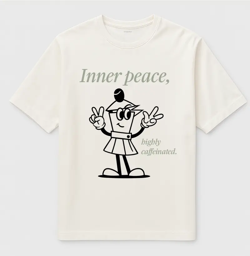 Camiseta Oversized Feminina 100% algodão "Inner Peace, Highly Caffeinated" 