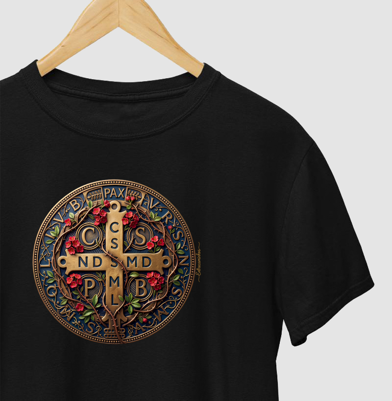 Medalha de São Bento e Flores Coroa-de-Cristo | Arte Sacra Exclusiva