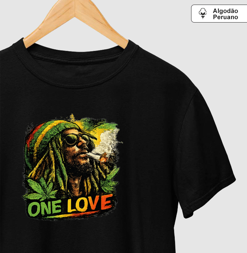  Camiseta One Love – Reggae Roots.  Coleção Reggae Music. Masculina e Feminina.. Algodão Peruano.