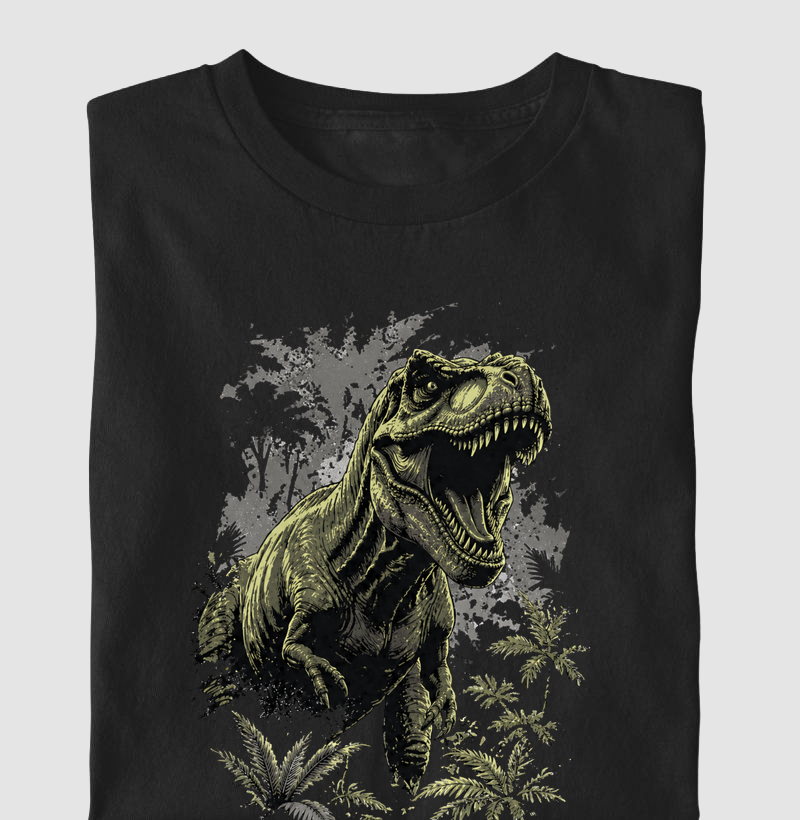 Camiseta Dinossauro T-rex Furioso na Selva Algodão Premium Dinoloco