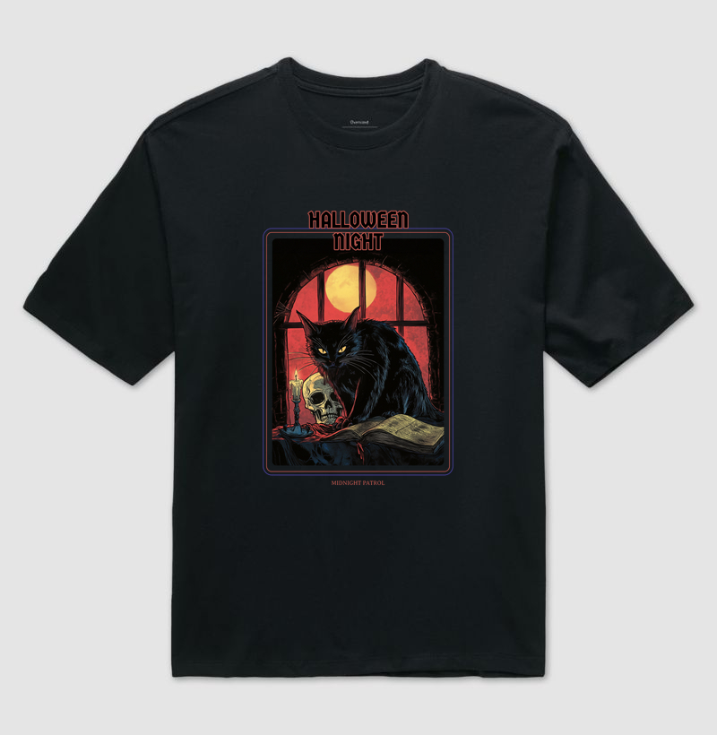 Camiseta Oversized Gato Preto Halloween