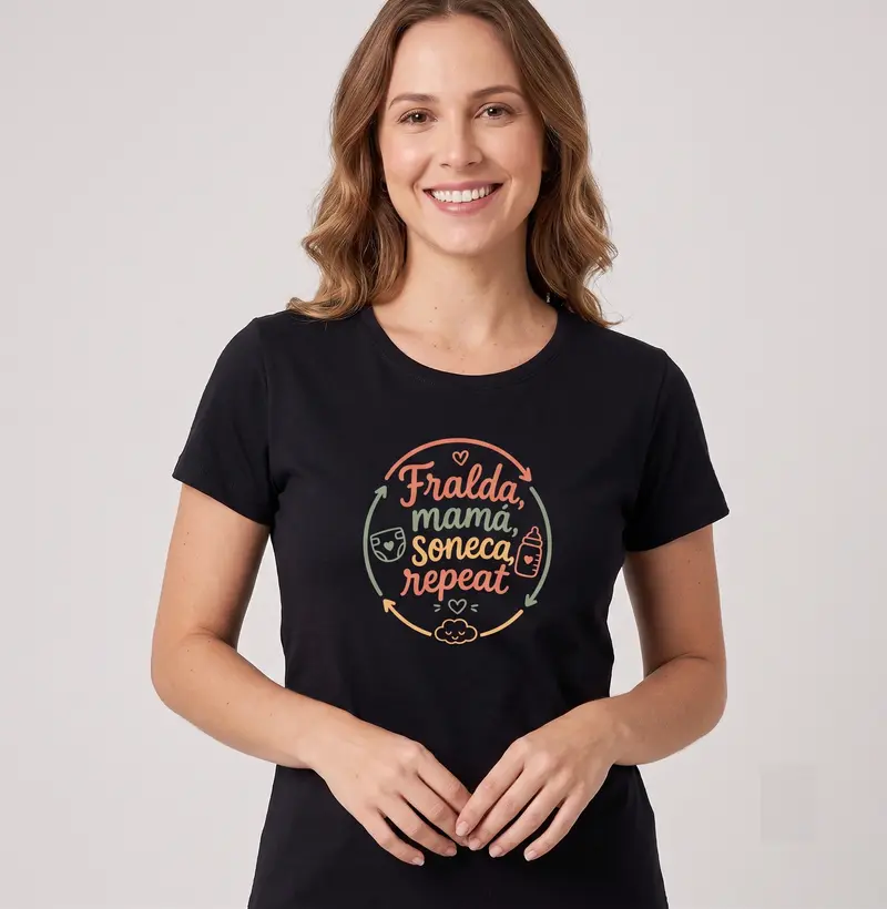 Fralda, mana, soneca, repeat - Blusa Feminina Estampada para Recém-Mãe