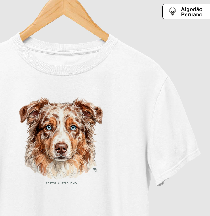 Cães - Pastor Australiano (Red Merle) - Algodão Peruano - Camiseta Algodão Peruano