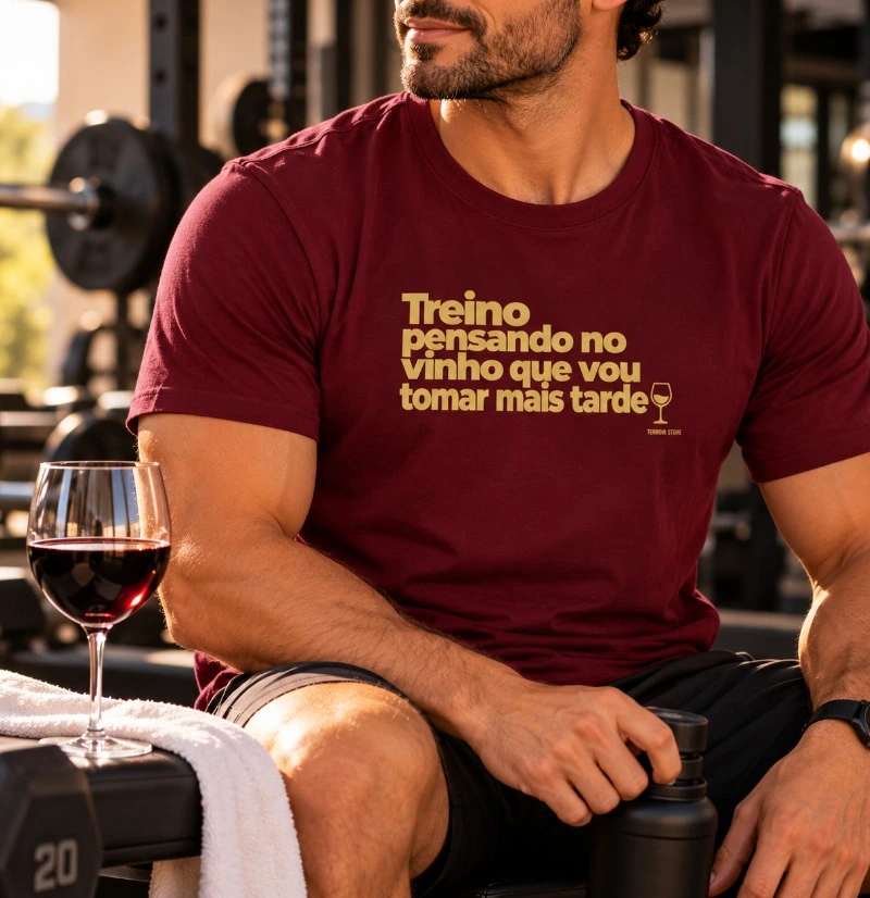 Camiseta Treino Pensando no Vinho – Frase Divertida de Vinho e Academia - Camiseta