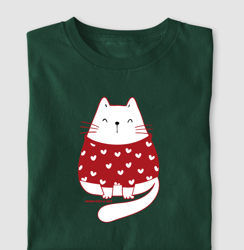 Gata branca de suéter vermelho