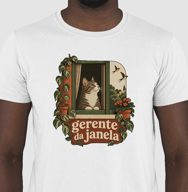 Camiseta Gato Janela "gerente da janela" | Pelo & Pano