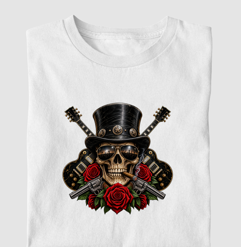 Camiseta Rock Skull com Guitarras, Rosas e Caveira – Estilo Rock’n’Roll - Camiseta