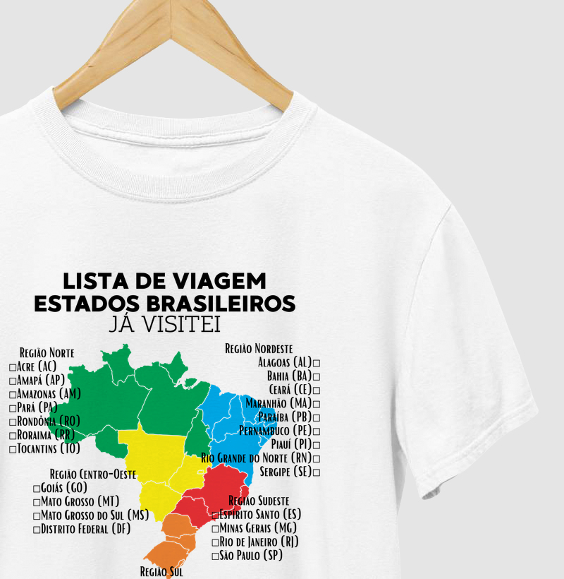Camiseta Lista de Viagem Estados Brasileiros Ja Visitei | Mapa Brasil Auto Personalizavel | Colecao Personalizaveis