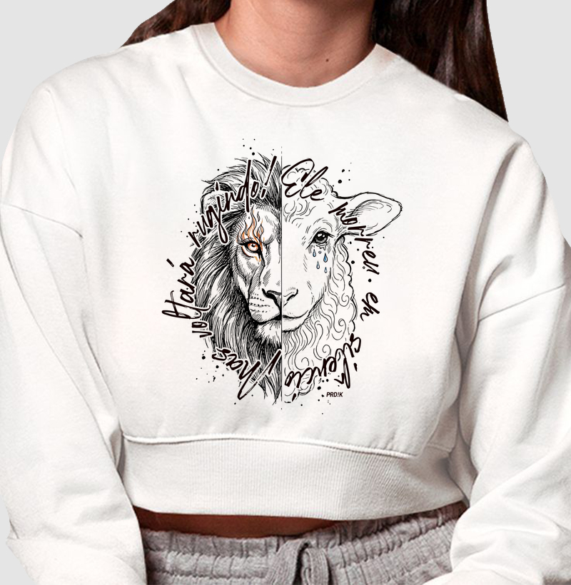 Moletom Cropped com Estampa - Cordeiro e Leão