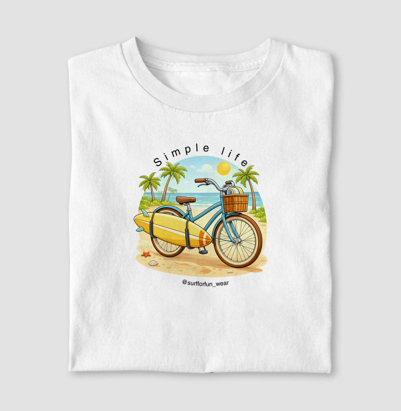 Camiseta Estampada "Simple Life" - Estilo Surfwear com Bicicleta e Prancha - Surf For Fun Wear