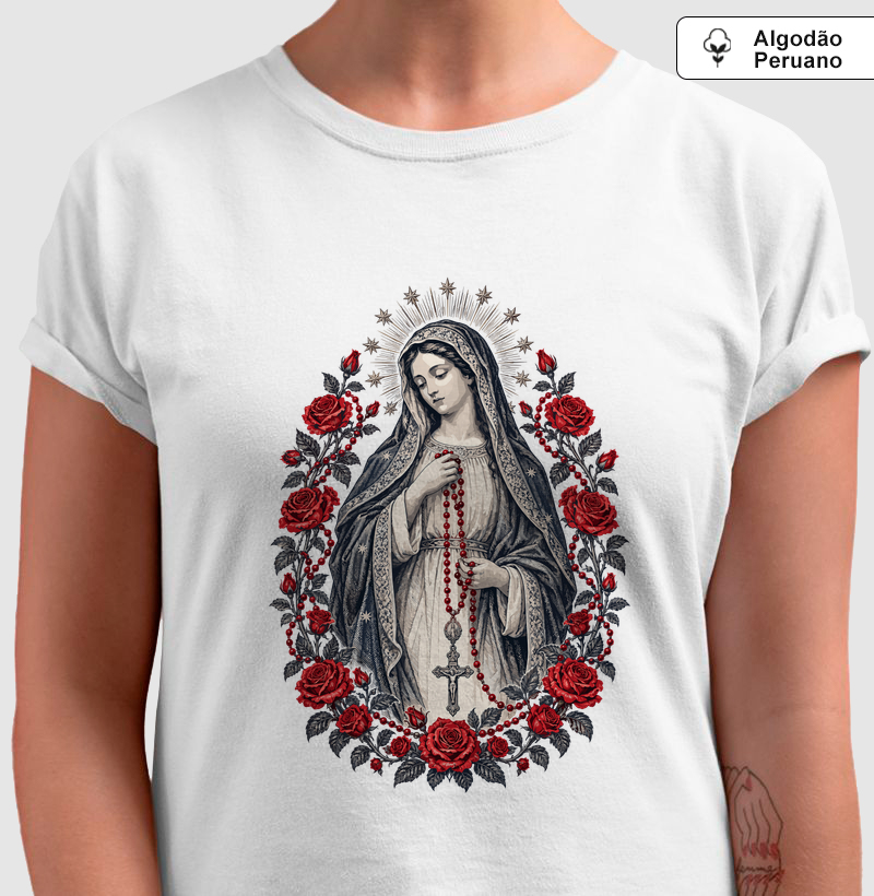Nossa Senhora do Rosário Regina Rosarii - Algodão Peruano - Camiseta Algodão Peruano
