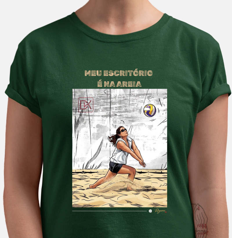 Camiseta Vôlei de Praia “Meu Escritório é na Areia” – Algodão Premium Masculina, Feminina e Babylook