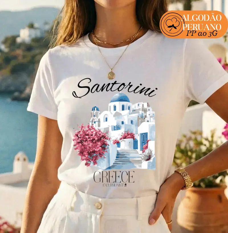 Camiseta Santorini Grécia Estampa Ilustrada | Fashion Travel Excursionista