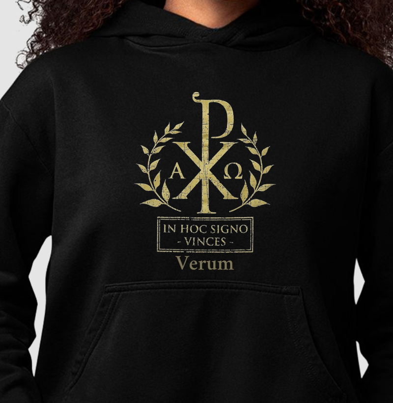 Moletom capuz Chi-Rho – In Hoc Signo Vinces | Camiseta Católica Tradicional