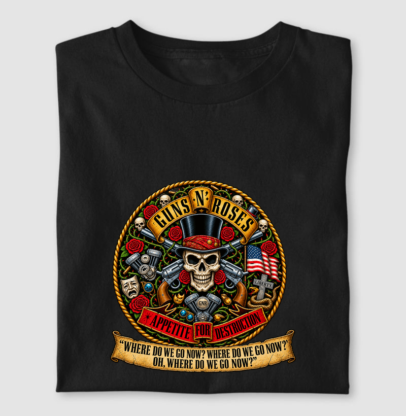 Camiseta Guns N’ Roses Caveira, Rosas e Revólveres