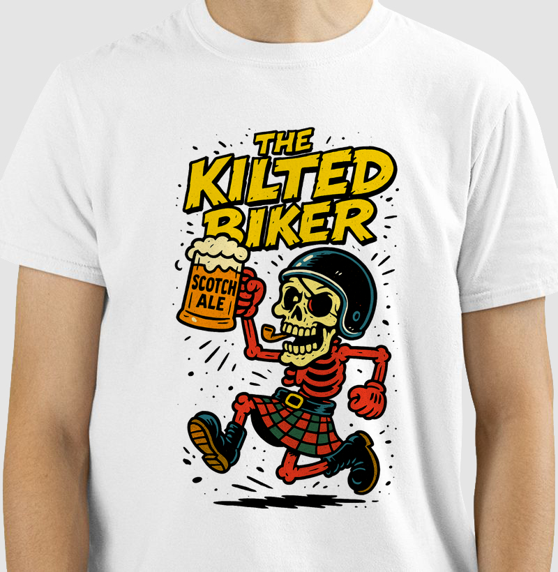 camiseta-the-kilted-biker-esqueleto-escocês-scotch-ale-vintage