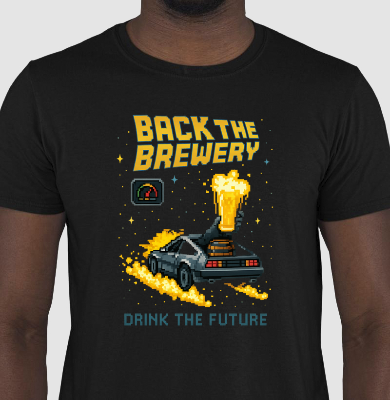 Camiseta Back the Brewery – Carro Futurista e Chope Pixel Art