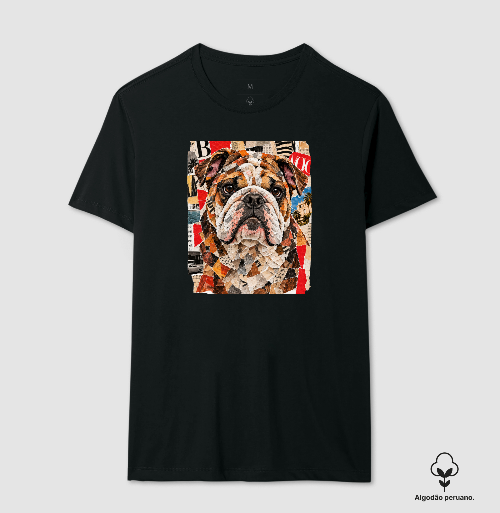 Buldogue Magazine Collage - Camiseta Algodão Peruano