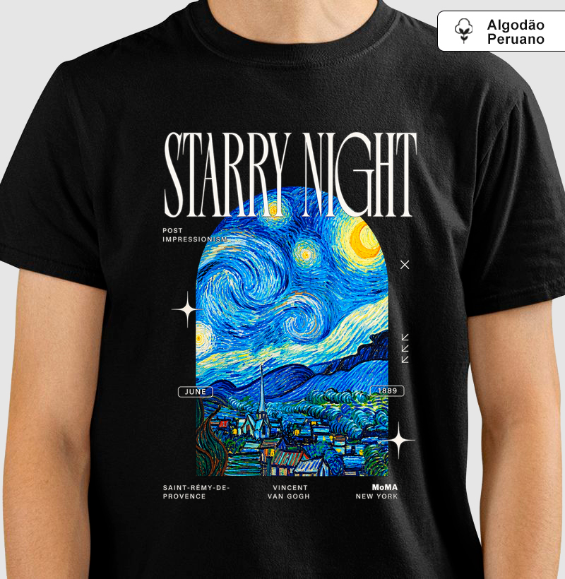 Camiseta Vincent van Gogh  Starry Night (Noite Estrelada) Algodão Peruano Tanguis 