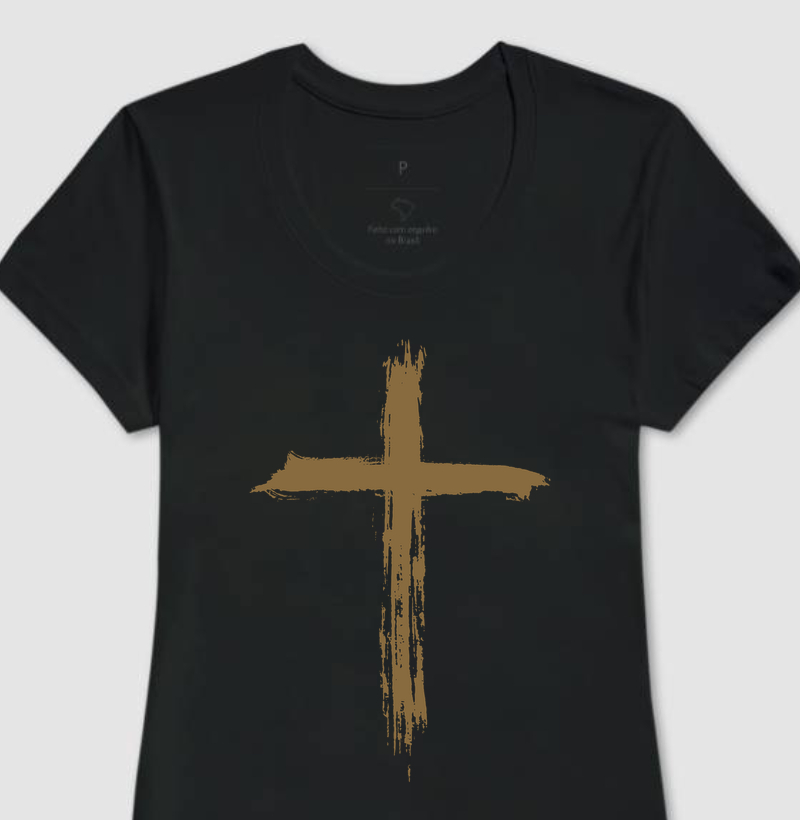Camiseta Fem. Cruz Pincelada - Estampa Dourada