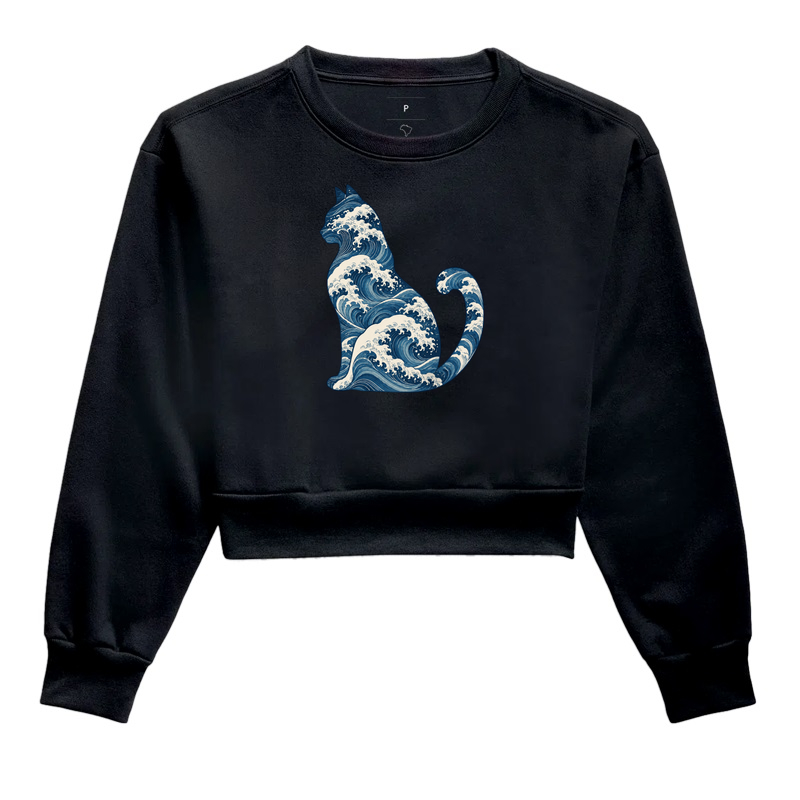 Gato em Ondas Japonesas - Cropped Moletom