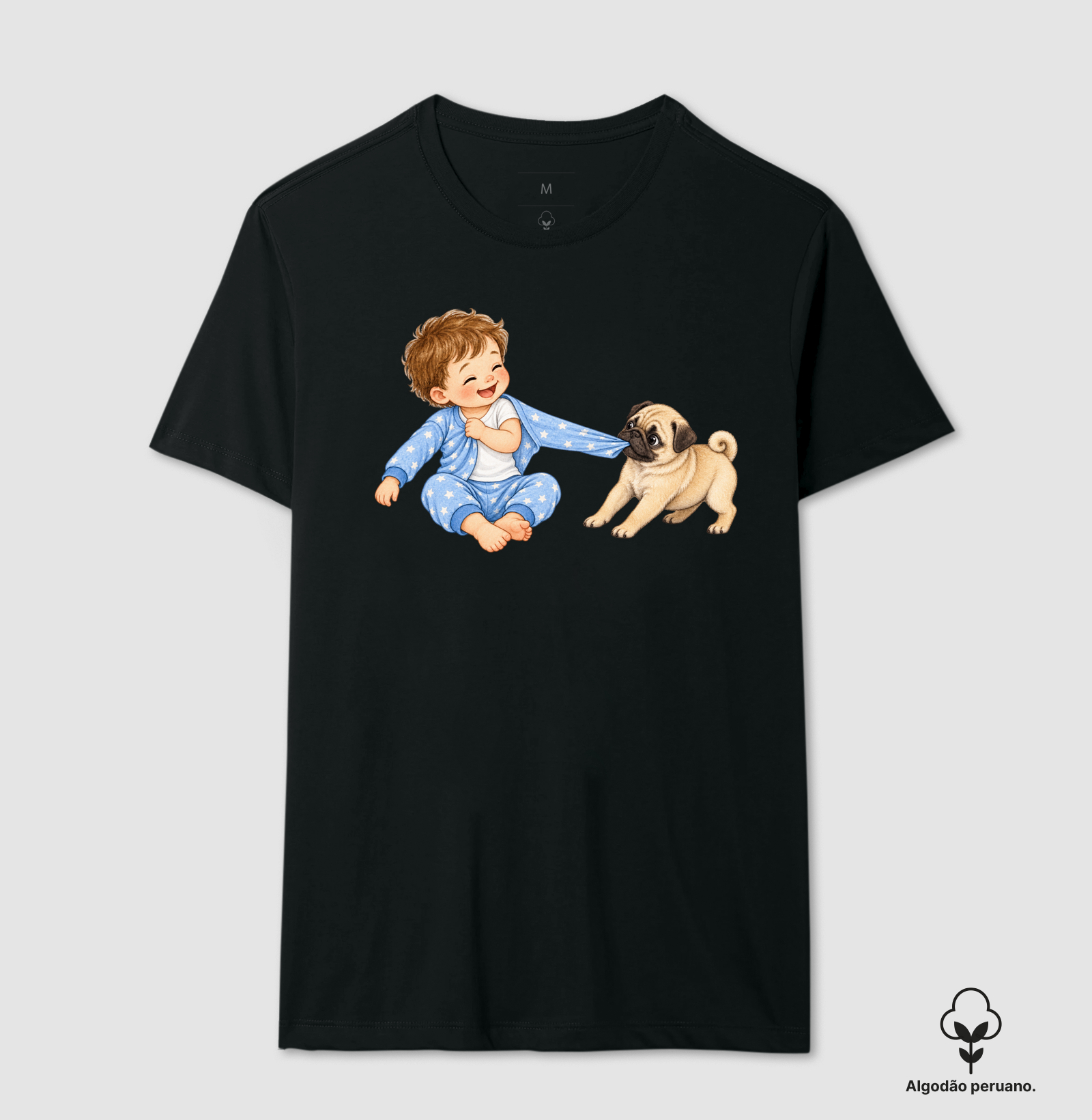 Pug Puxando Pijama - Camiseta Algodão Peruano