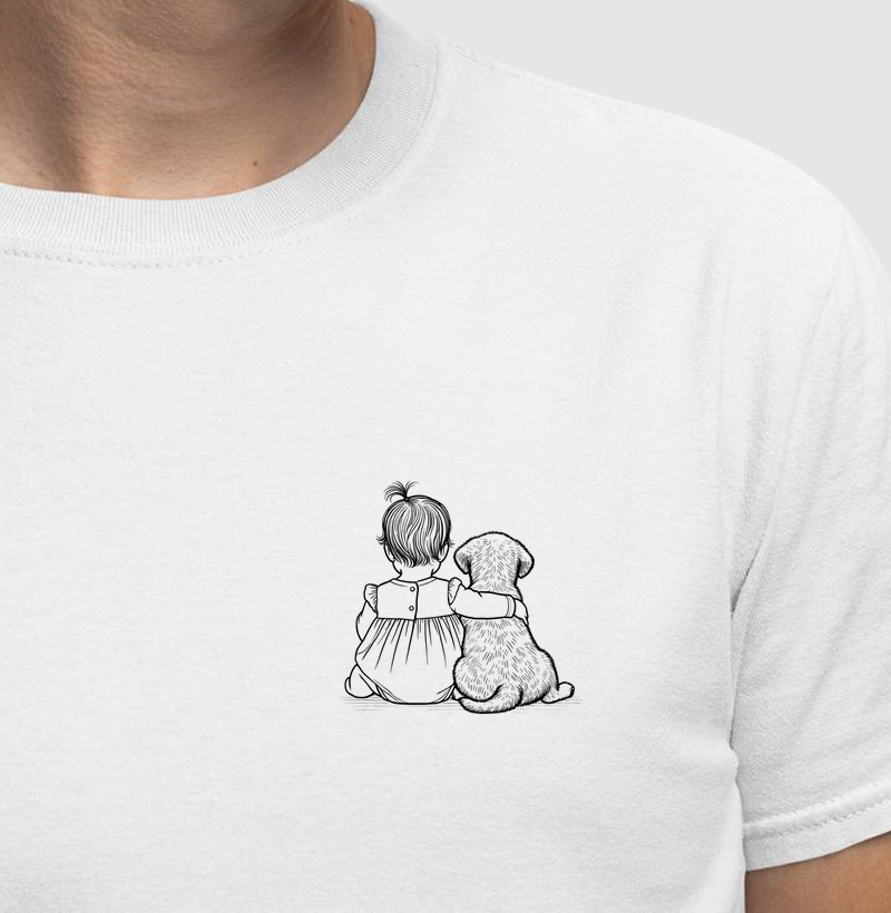 Abraço - bebê menina e cachorro pequeno (minimalista)