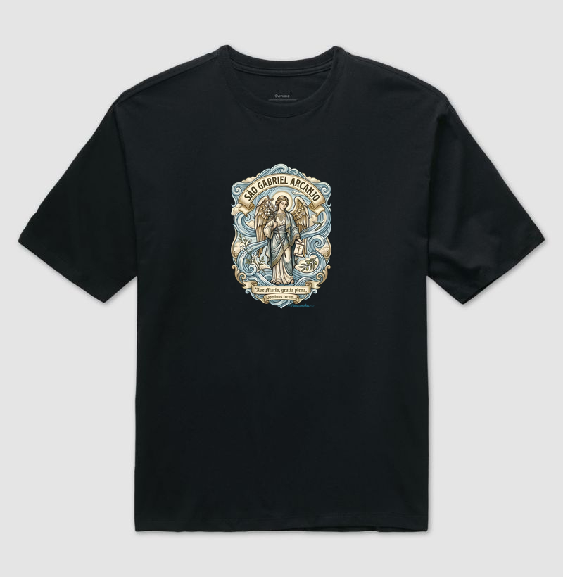 São Gabriel Arcanjo – Ar(Vento,Sopro, Anúncio) | Ave Maria Gratia Plena e Arte Sacra com Simbologia Botânica - Camiseta Oversized