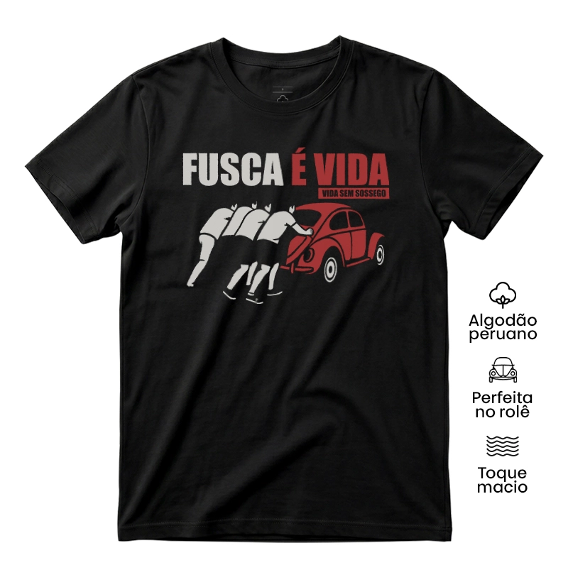 Fusca é vida | Vida sem sossego | Vermelho - Camiseta Algodão Peruano