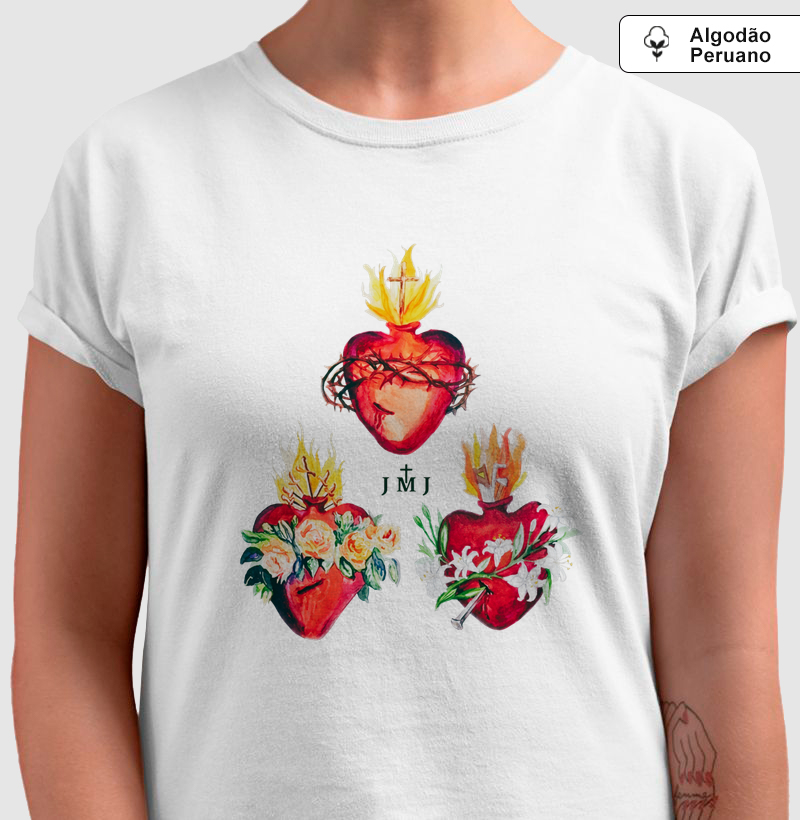 Camiseta Algodão Peruano  Sagrado Coração de Jesus, Imaculado Coração de Maria e Castíssimo Coração de São José
