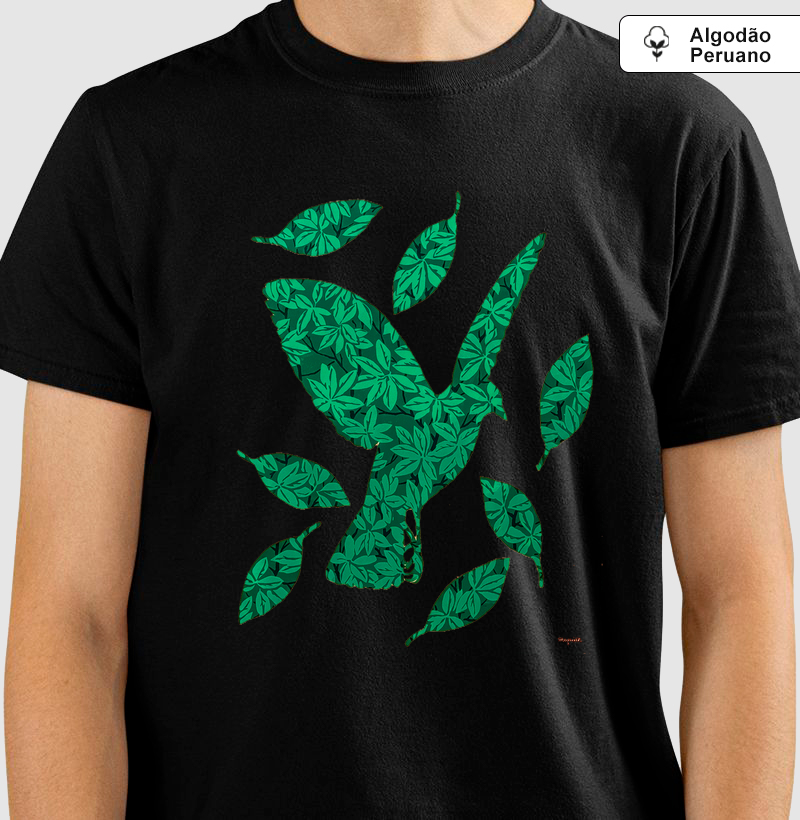 Camiseta Algodão Peruano Pássaro de Folhas René Magritte