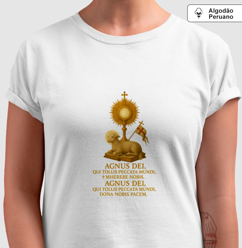 Camiseta Algodão Peruano Agnus Dei, Qui Tollis Peccata Mundi, 2xMiserere Nobis. Agnus Dei, Qui Tollis Paccata Mundi, Dona Nobis Pacem.