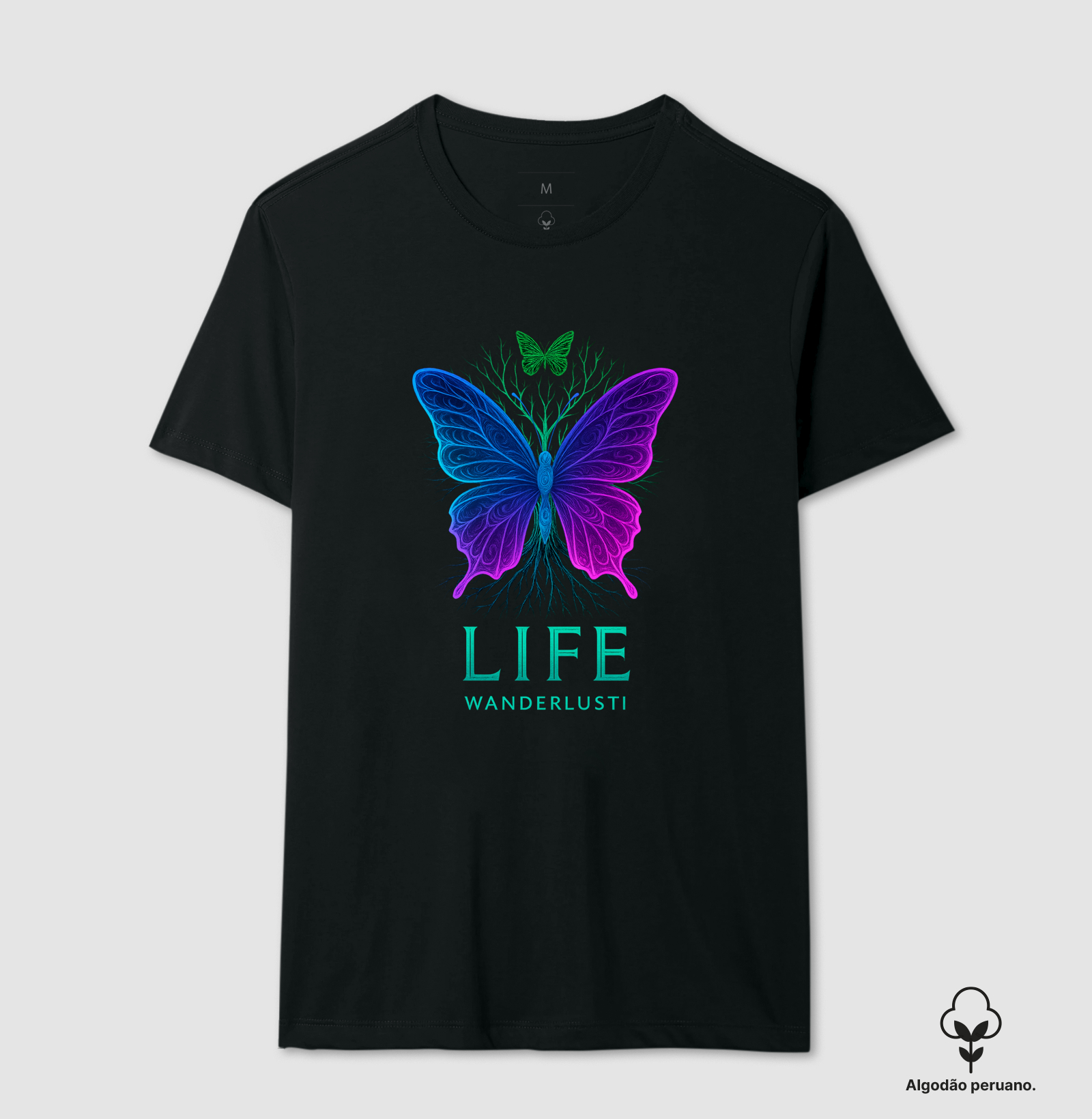 Camiseta Algodão Peruano Borboleta e a Árvore da Vida.