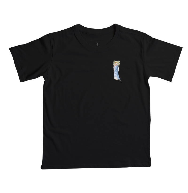 Camiseta Infantil Nossa Senhora Segurando Menino Jesus em Aquarela