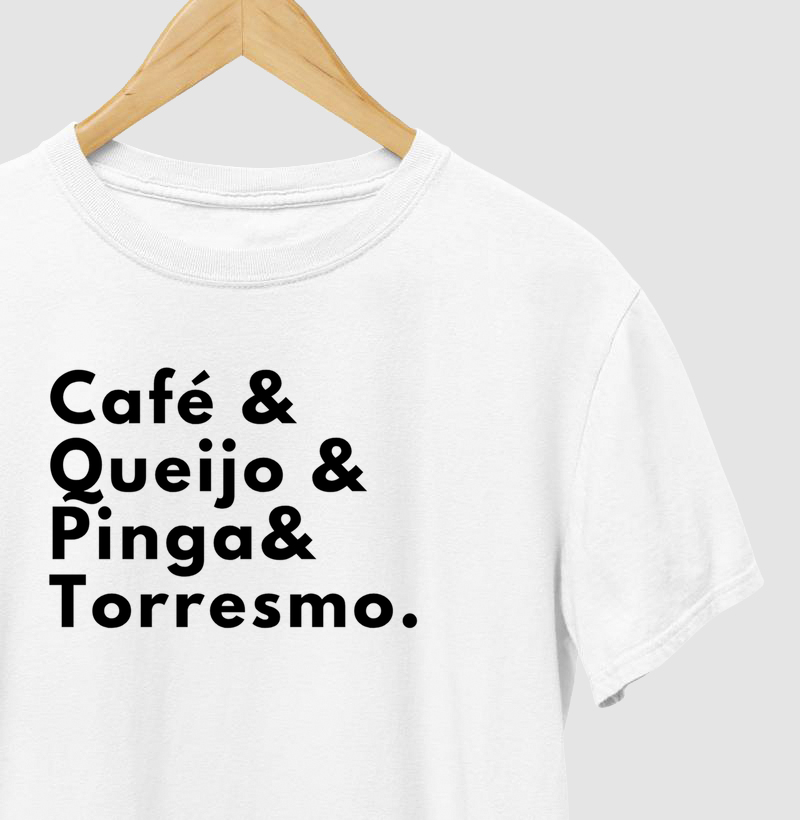 café, queijo, pinga e torresmo.
