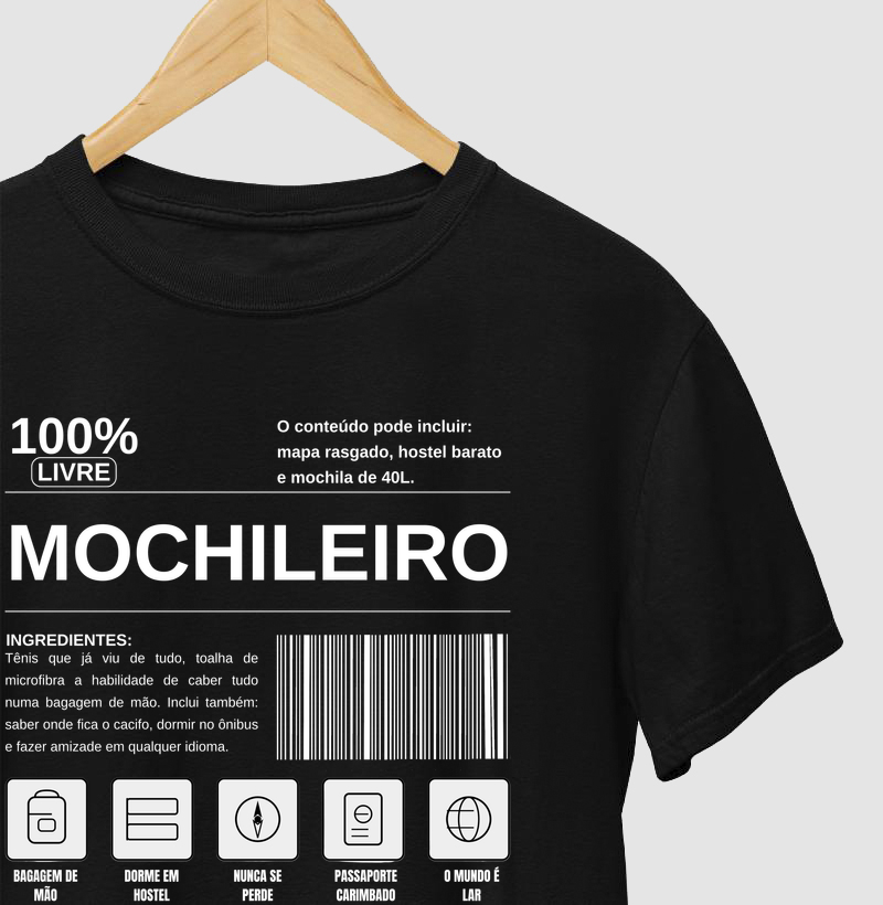 Camiseta Mochileiro 100% Livre | Estampa Viagem Mochilão | Excursionista