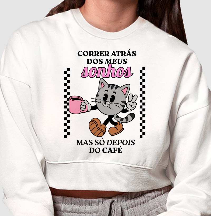 Gato Vintage "Sonhos e Café" - Cropped Moletom