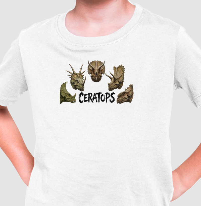 Camiseta Dinossauro Ceratops Branca Algodão Premium Dinoloco