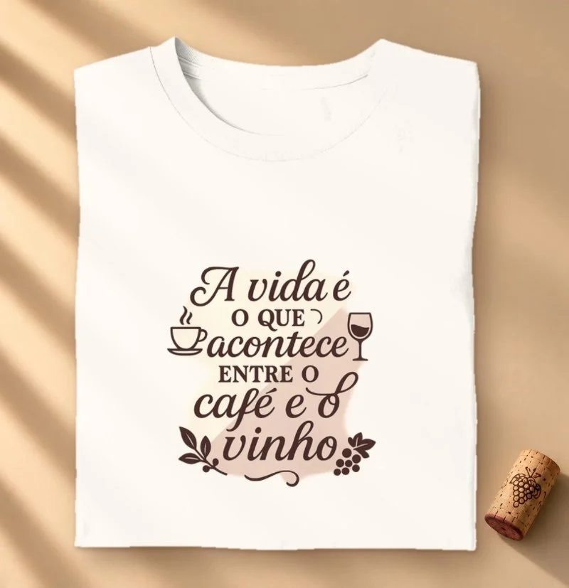 Camiseta A Vida é o que acontece entre o Café e o Vinho