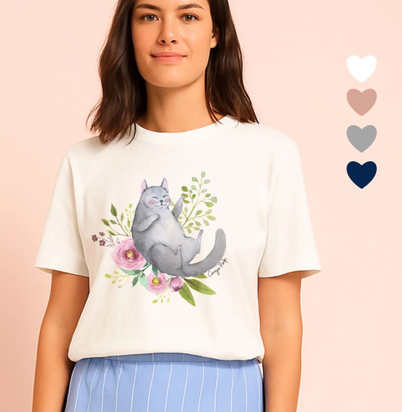 Camiseta Feminina Ilustrada Gato Sapeca