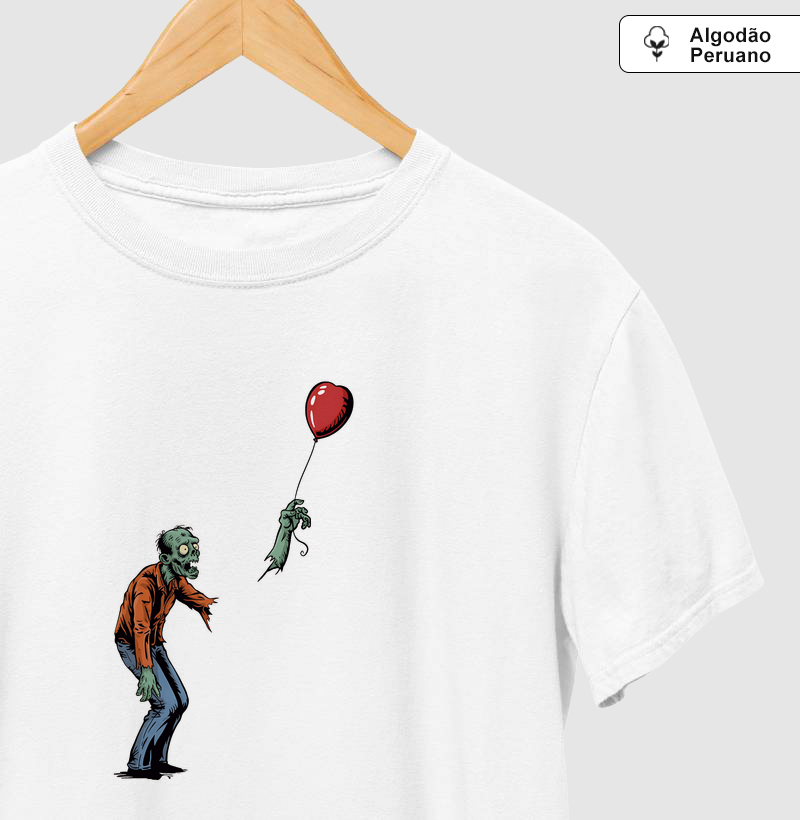 Camiseta Algodão Peruano Balão de Coração Zumbi - Camiseta Algodão Peruano