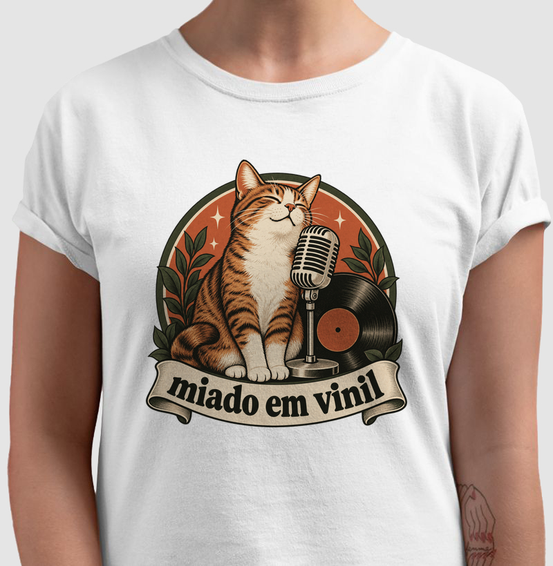 Camiseta Gato Música "miado em vinil" | Pelo & Pano