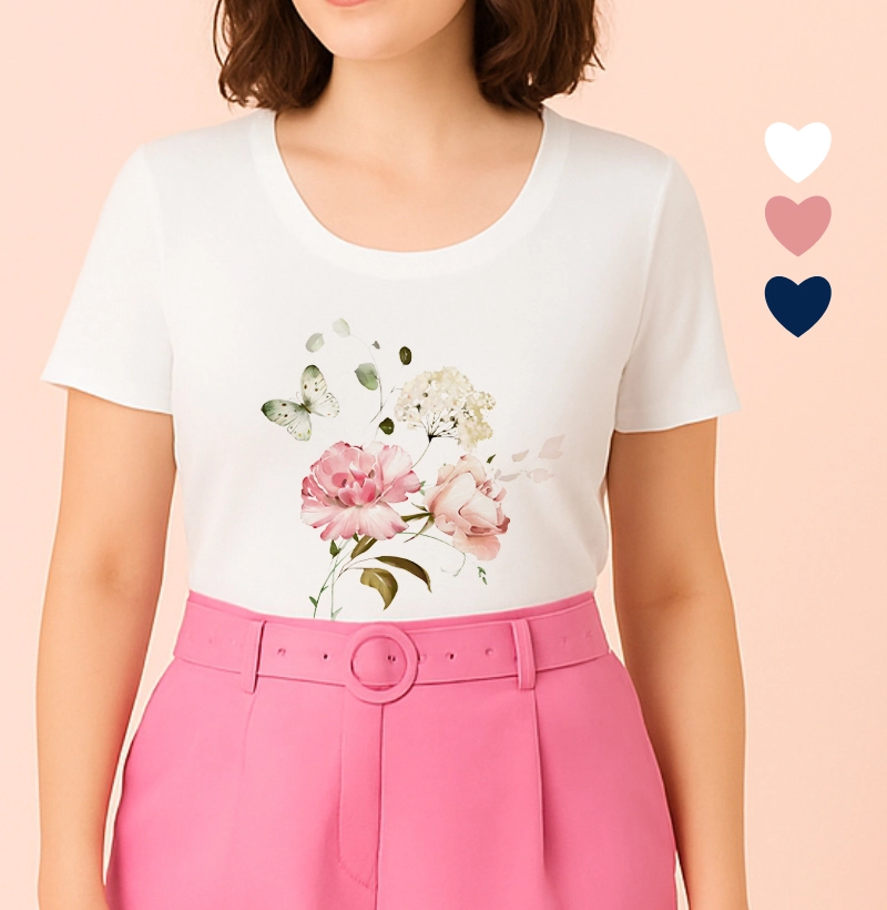 Camiseta Feminina Ilustrada Borboleta Verde e Flores